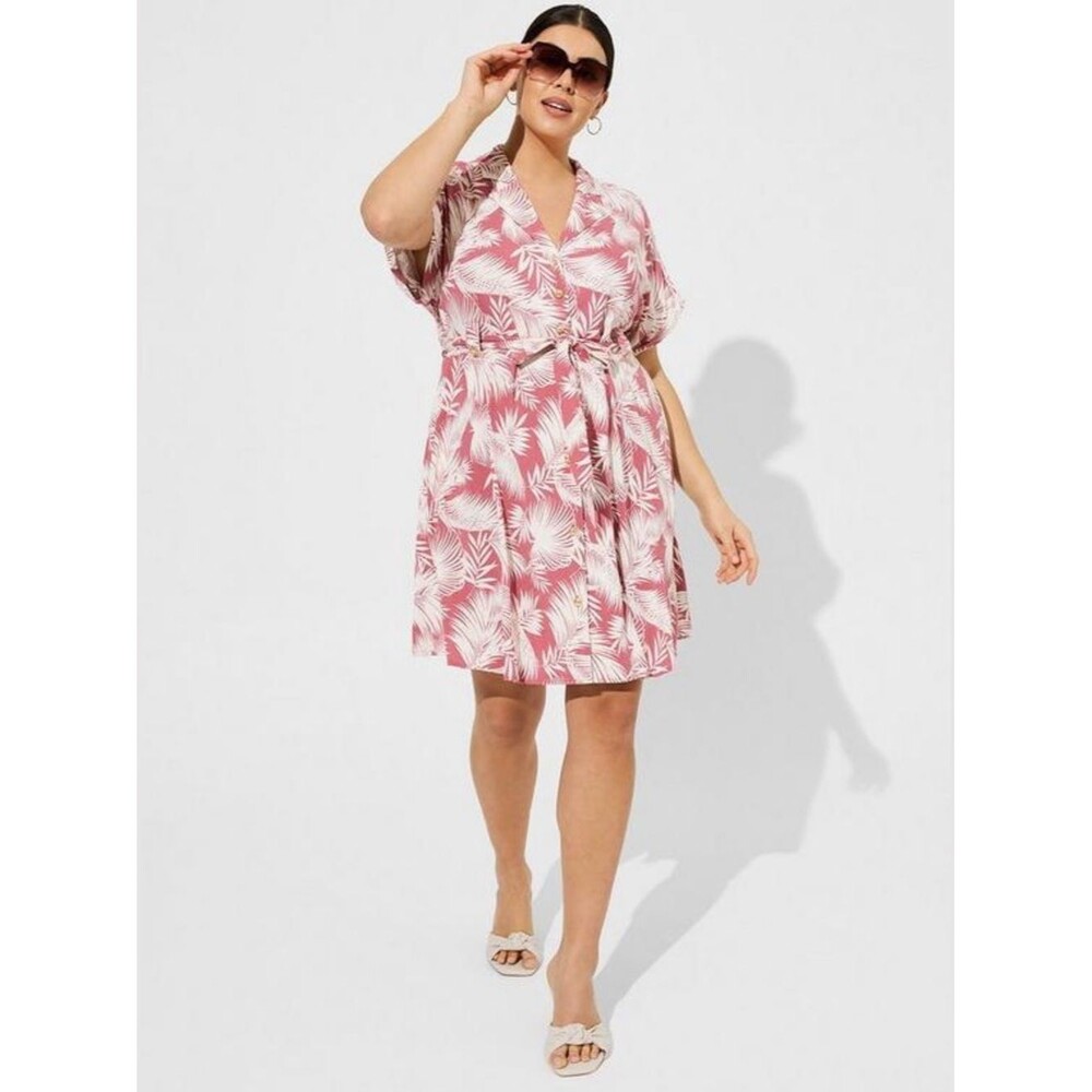 Torrid NWT Mini Rayon Slub Button Front Collared Dress in Shaded Palms Size 2X